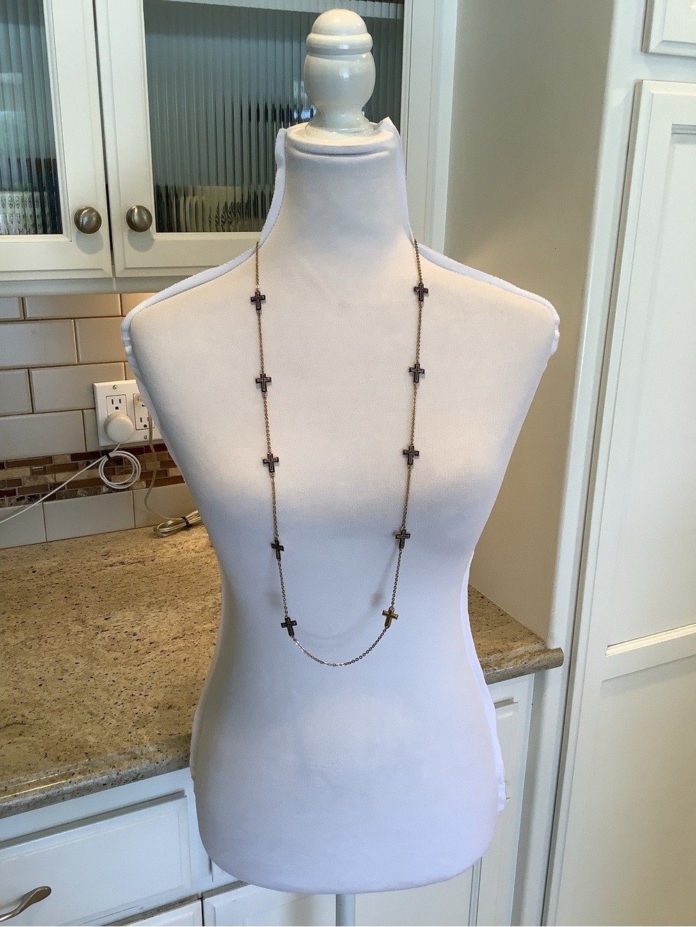 Long Cross Station Necklace - Gold-Tone with Black Cross Design